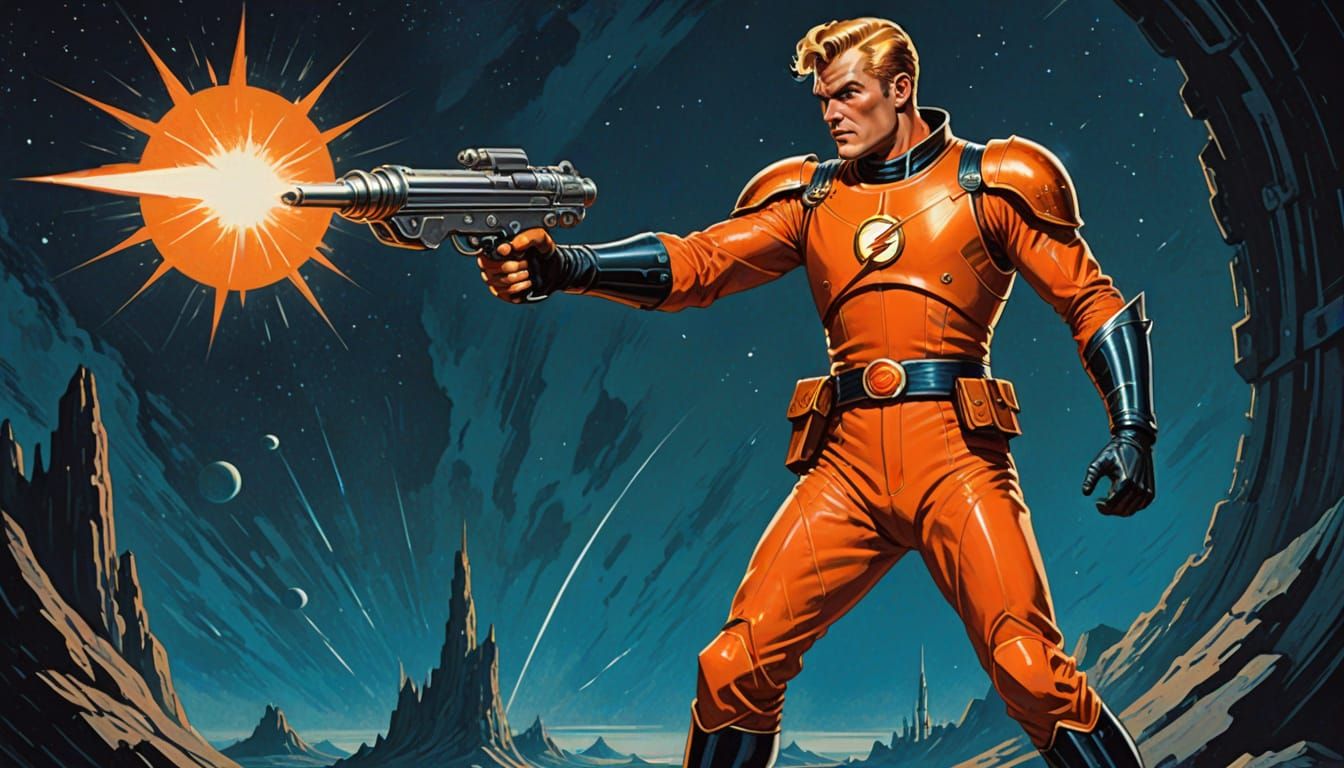 Flash Gordon Wields Ray Gun in Vintage Pulp Sci-Fi Art