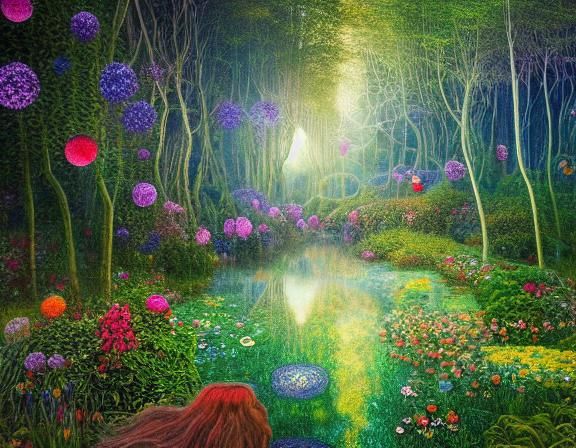 Sunset Woman in Magical Forest, Klimt Style