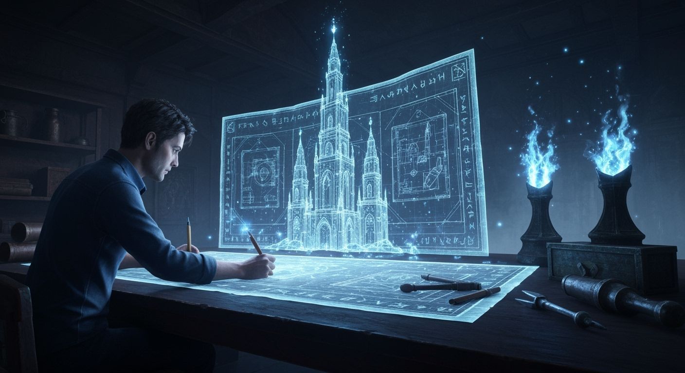 Architect Drafts Glowing Magical Structures in Workshop