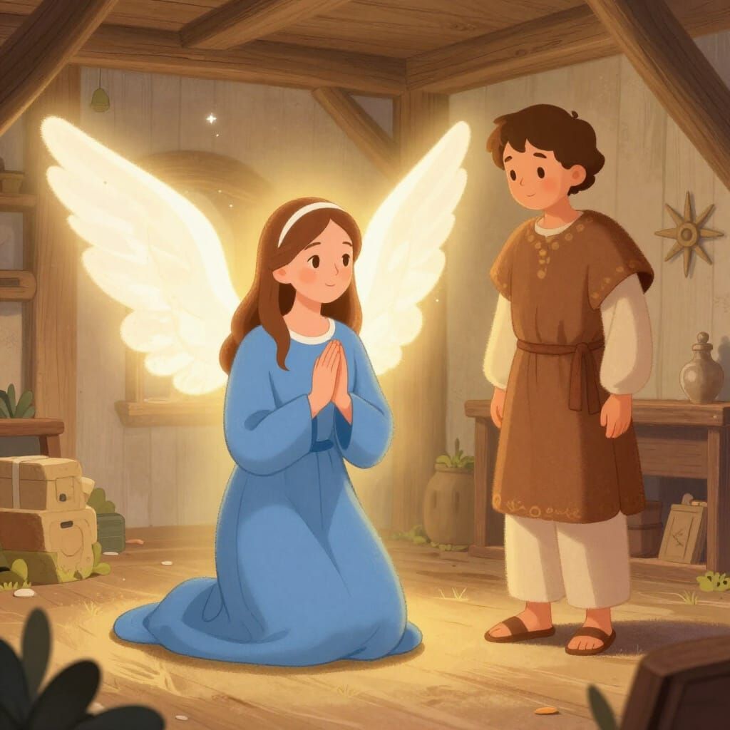 Angel Appears to Mary in Golden Lit Wooden Room