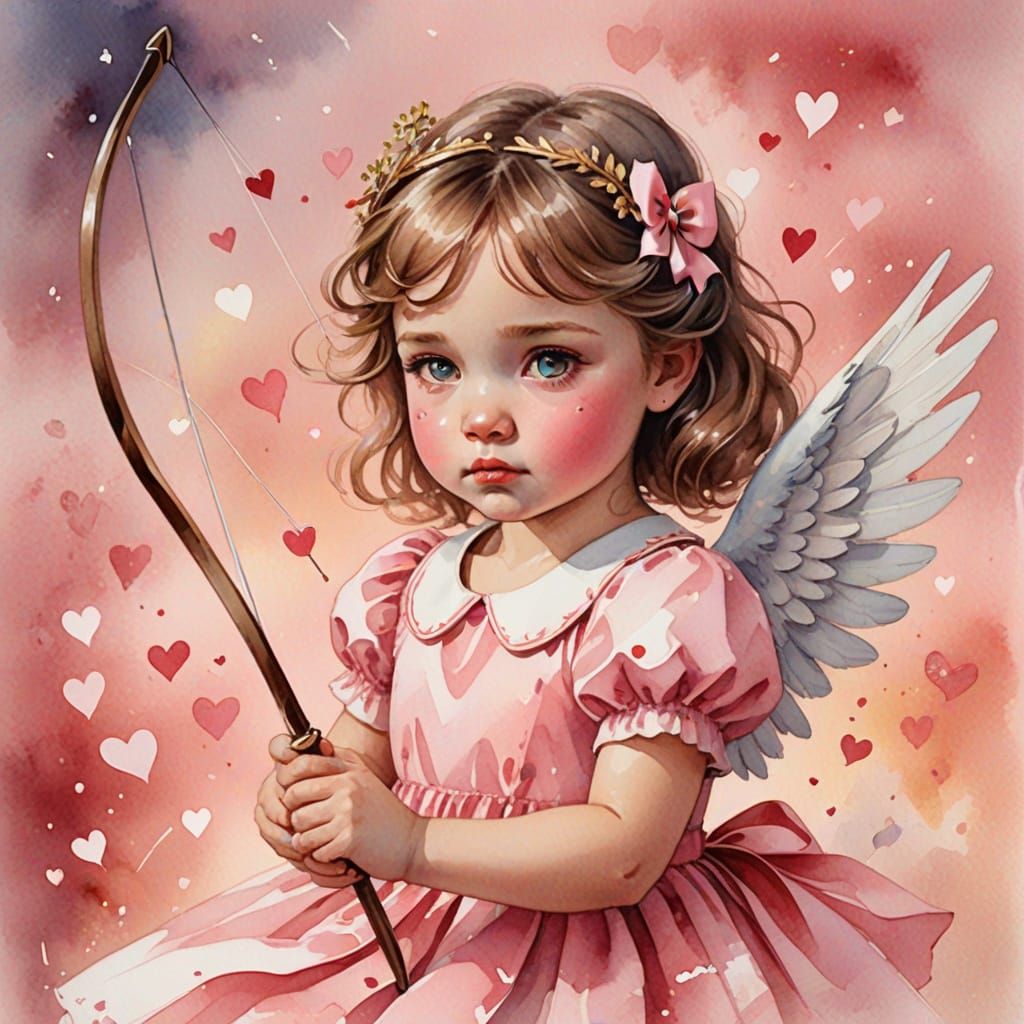 Whimsical Watercolor Cupid in Vintage Dress