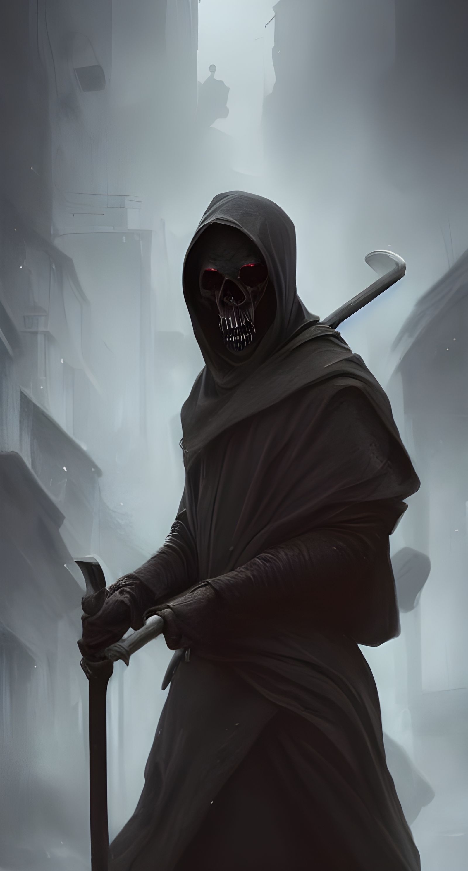 Hyper-Detailed Grim Reaper in Medieval City