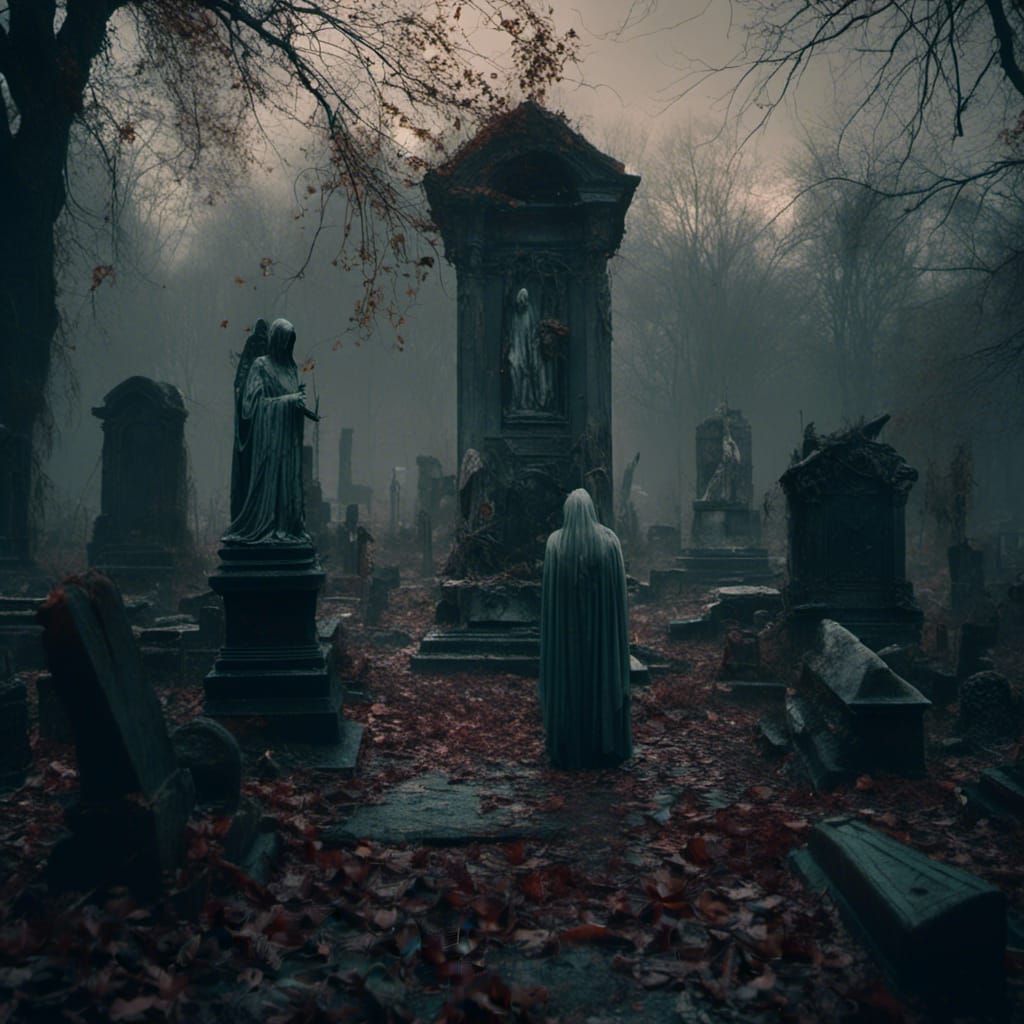 Graveyard Scene with Ghosts in Dark Fantasy Style
