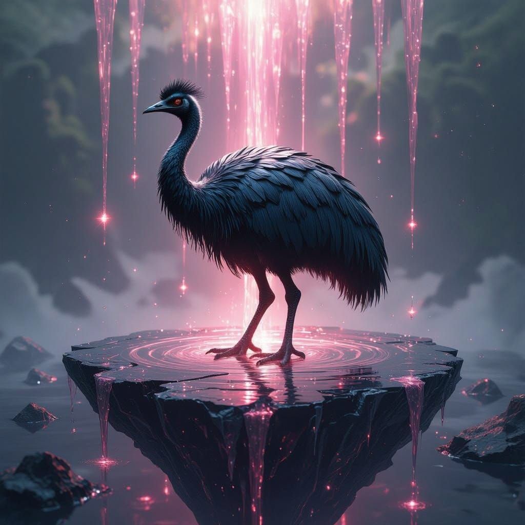 Cybernetic Emu Emerges from Obsidian Isle with Glowing Raspb...