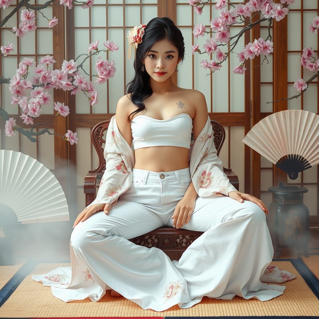 Geisha in Modern Attire with Cherry Blossoms