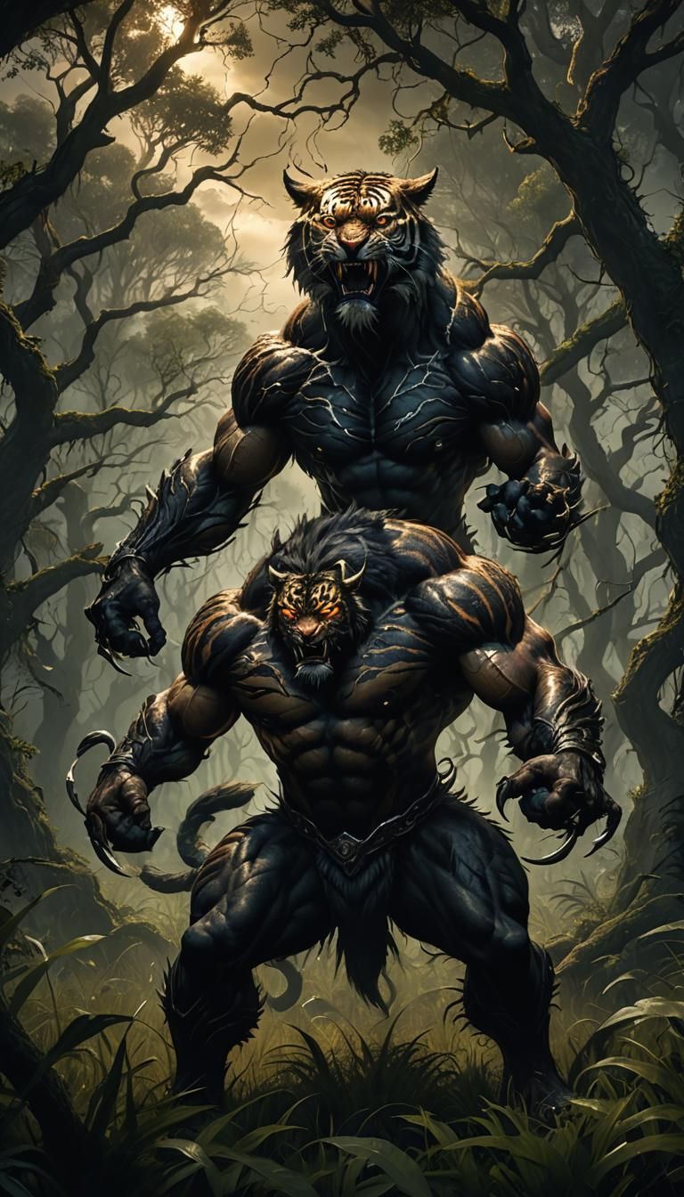 Terrifying Tiger-Man Hybrid in Dark Fantasy Landscape