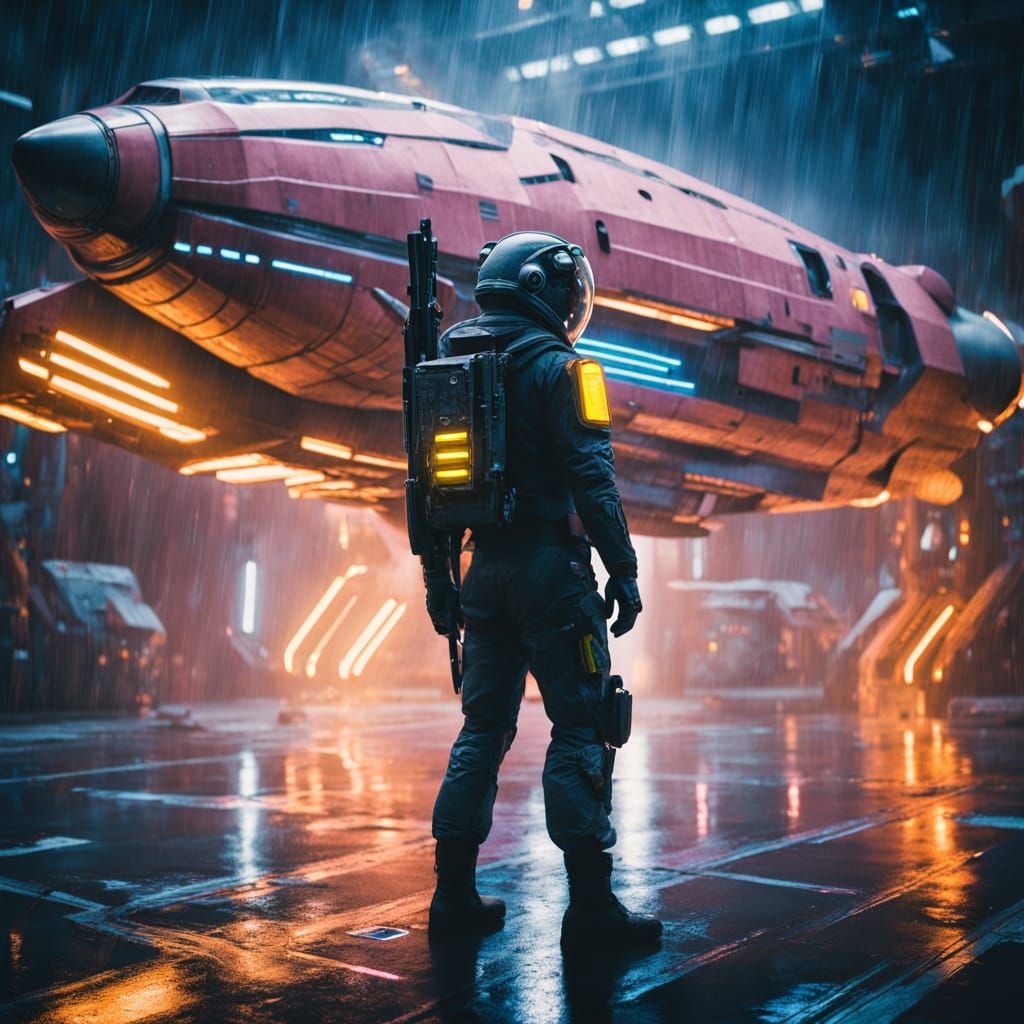 Cyberpunk Astronaut Guards Majestic Spaceship in Stormy Nigh...