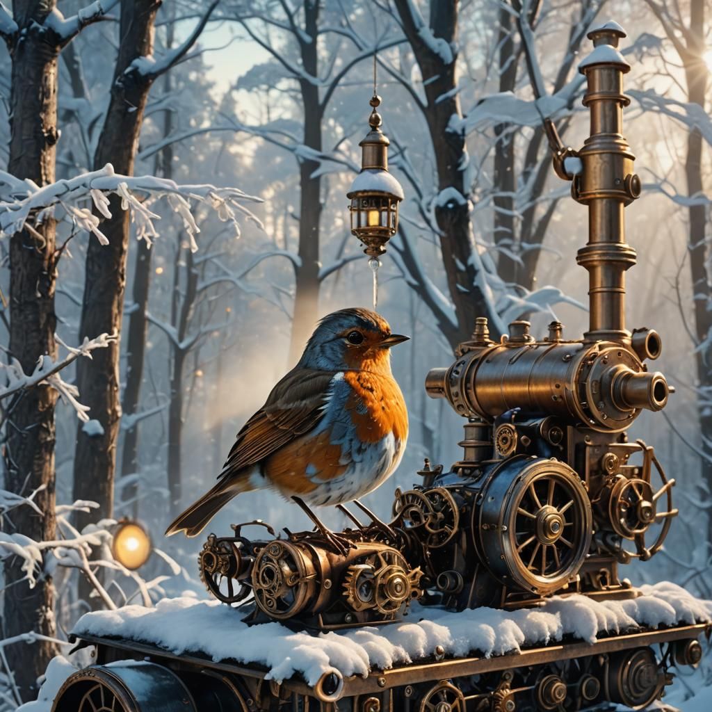 Steampunk Robin in Snowy Forest, Matte Painting