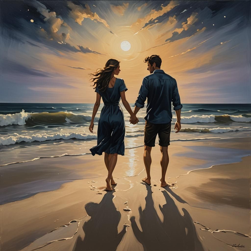 Romantic Couple Holding Hands on Moonlit Beach