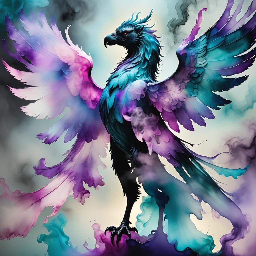 Abstract Surreal Griffin Silhouette in Alcohol Ink