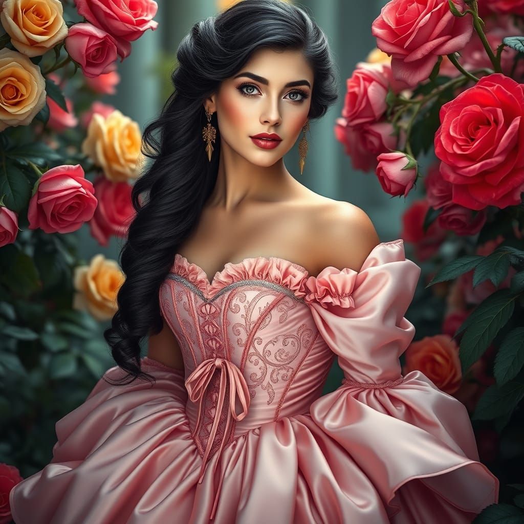 Ethereal Beauty in Enchanted Rose Garden Castle Scene