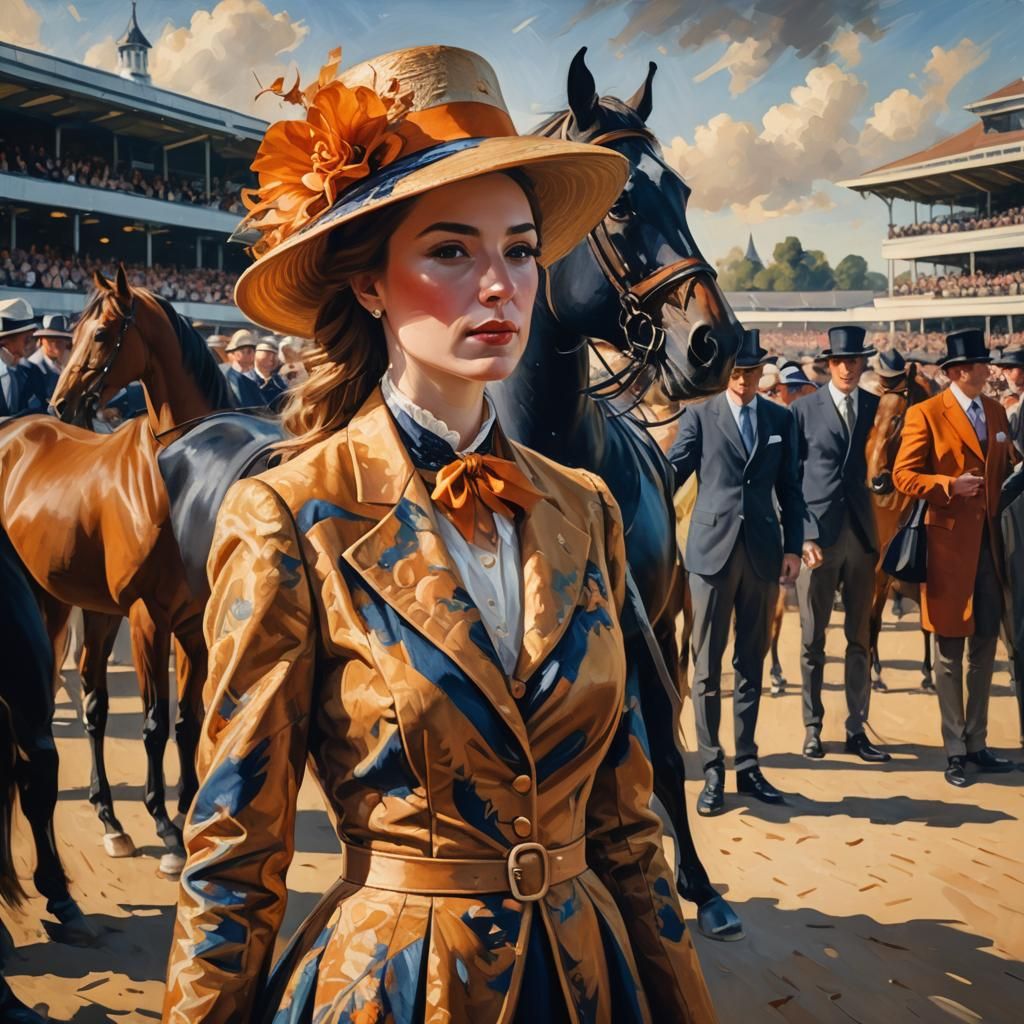 Elegant British Lady at Horse Race, Oil Painting