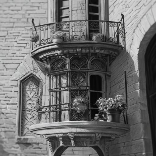 Realistic Grey Scale Charcoal Drawing of a Tiny Balcony