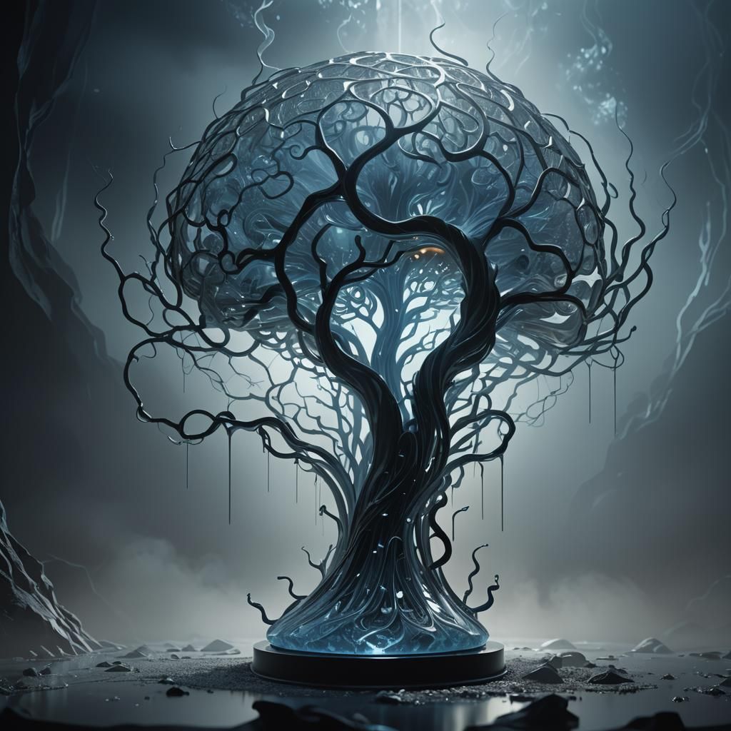 Glass 'A' Brain Sculpture in Dark Fantasy 3D Rendering