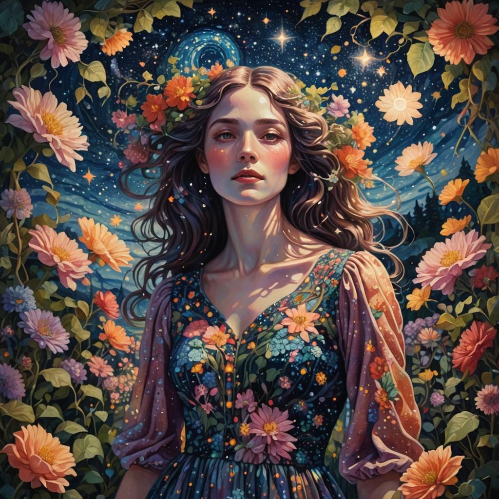 Dreamscape Woman in Mirror with Starry Night Sky