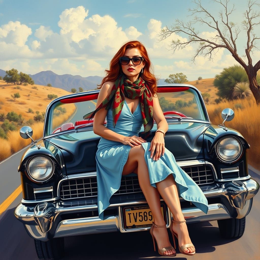 Elegant Auburn Beauty Drives Vintage Cadillac