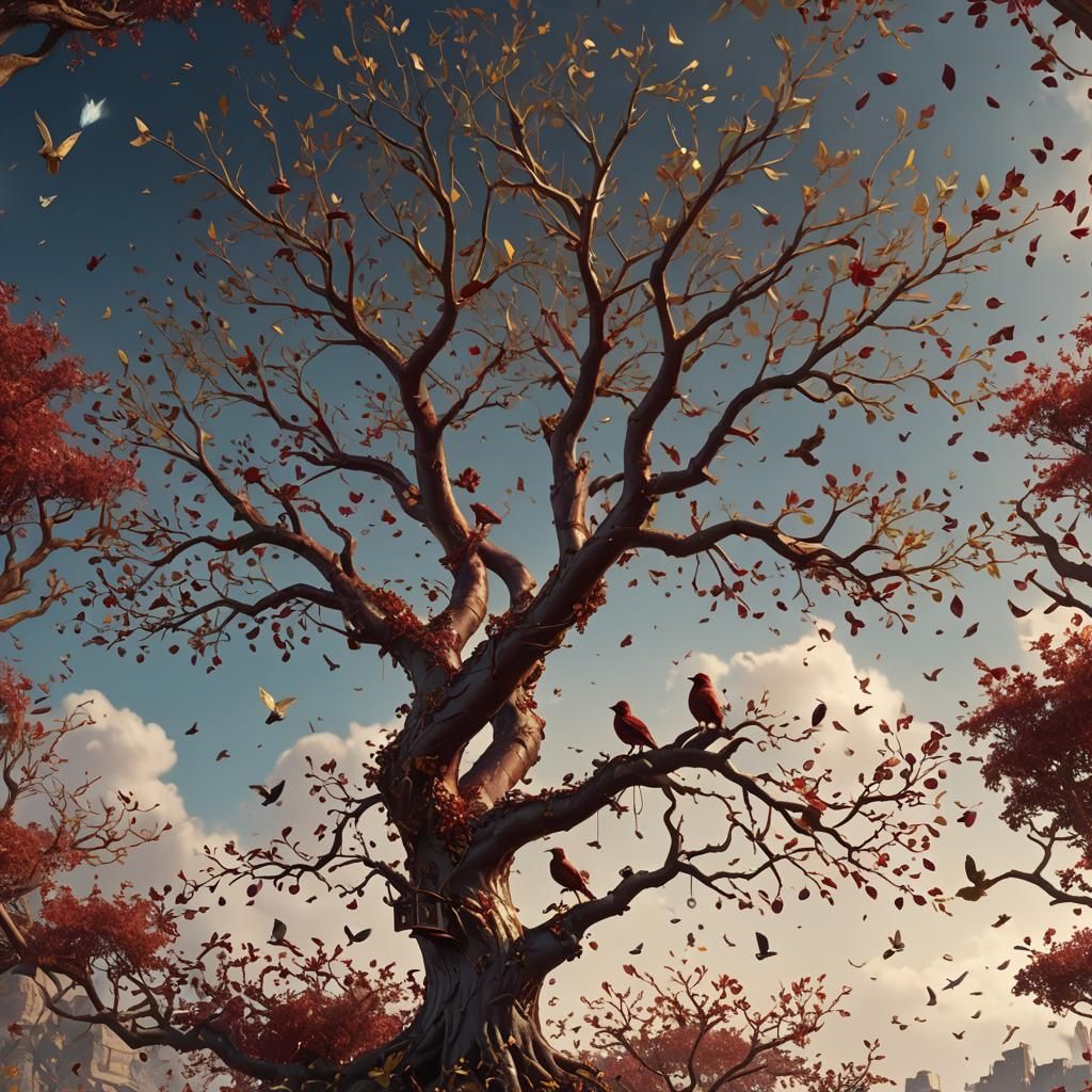 Heavenly Tree with Golden Birds in Fantasy Art