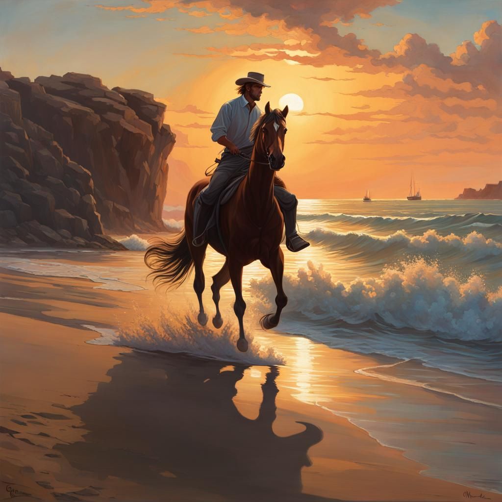 a painting of a man riding a horse on a beach at sunset, deserted beach with rocks in the background, lone rider, chiaro...