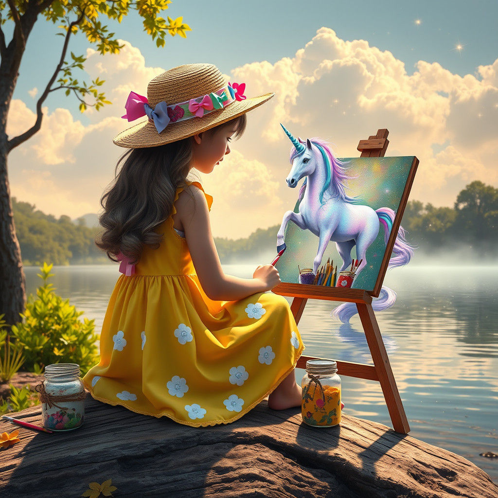 Girl Paints Unicorn by Lake: Magical Realism