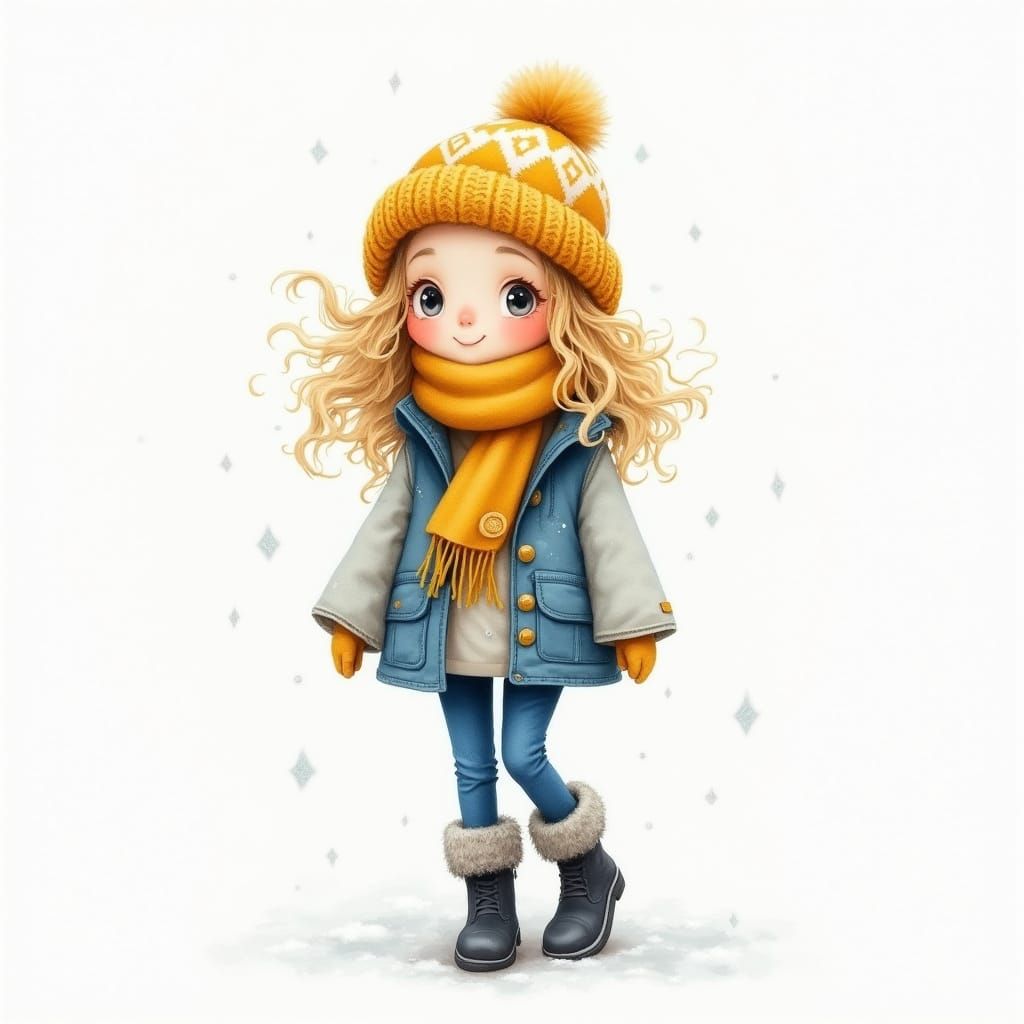 Whimsical Girl in Knitted Scarf and Coat in Gentle Snowfall