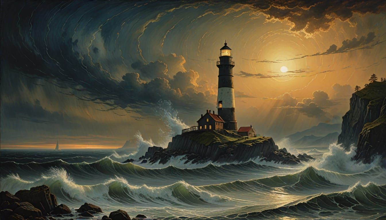 Ancient Lighthouse in Misty Data Sea, Fantasy Concept Art