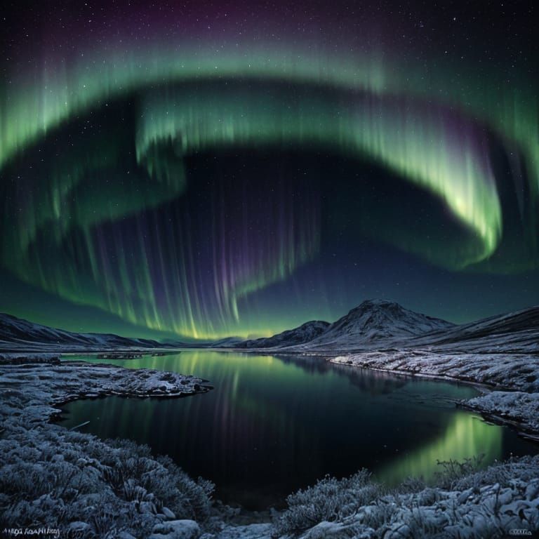 Glowing Northern Lights Over Lake, Astral Illustration