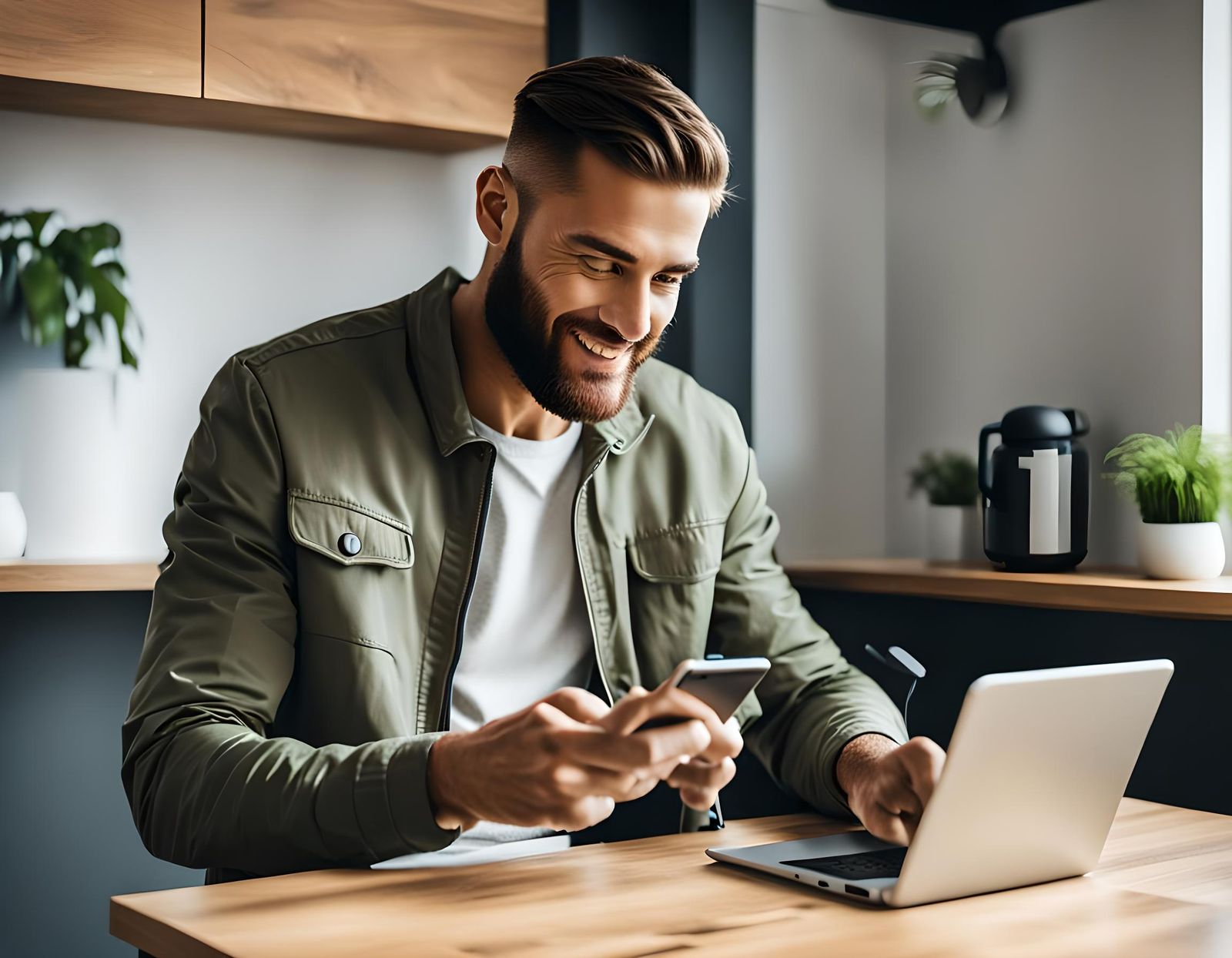 Man Using Smartphone in Modern Apartment