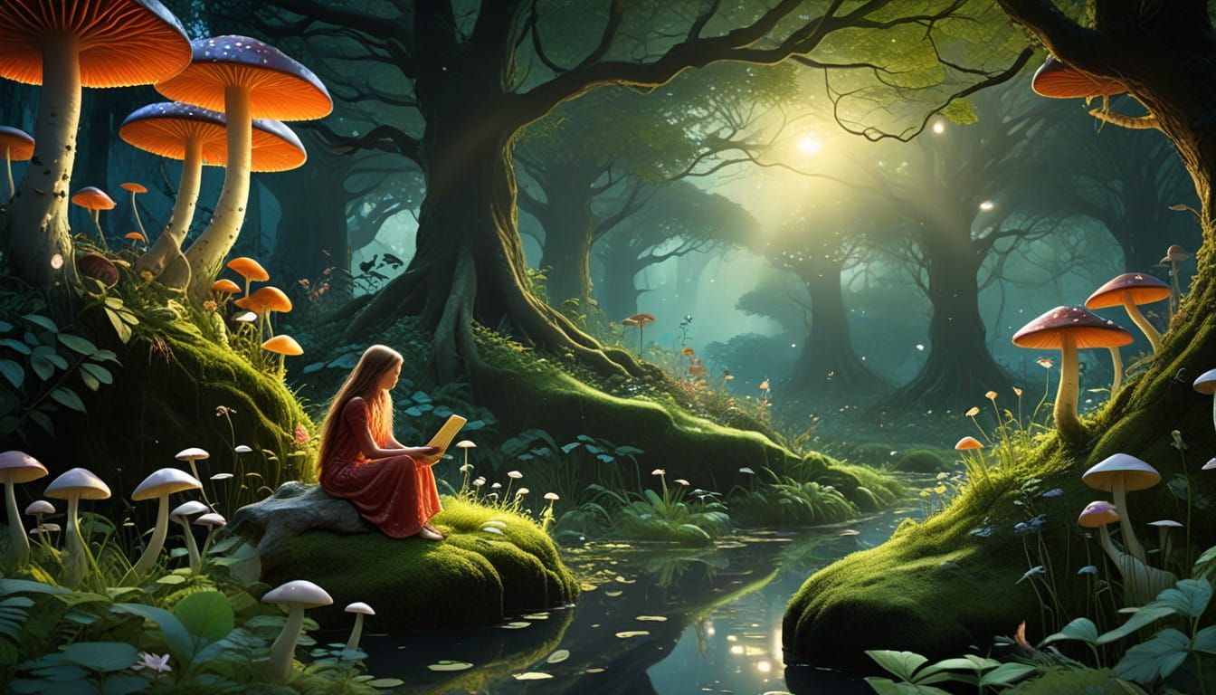 Mystical Creatures in Whimsical Sunset Landscape