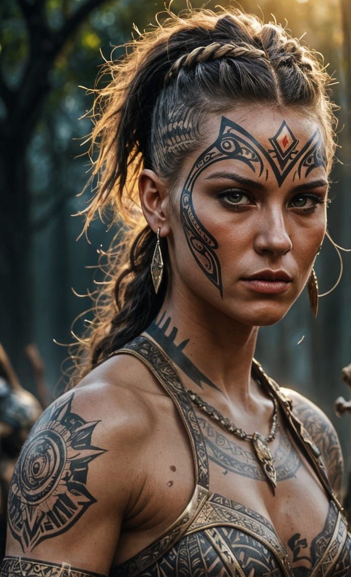 Female Barbarian Warrior with Tribal Tattoos