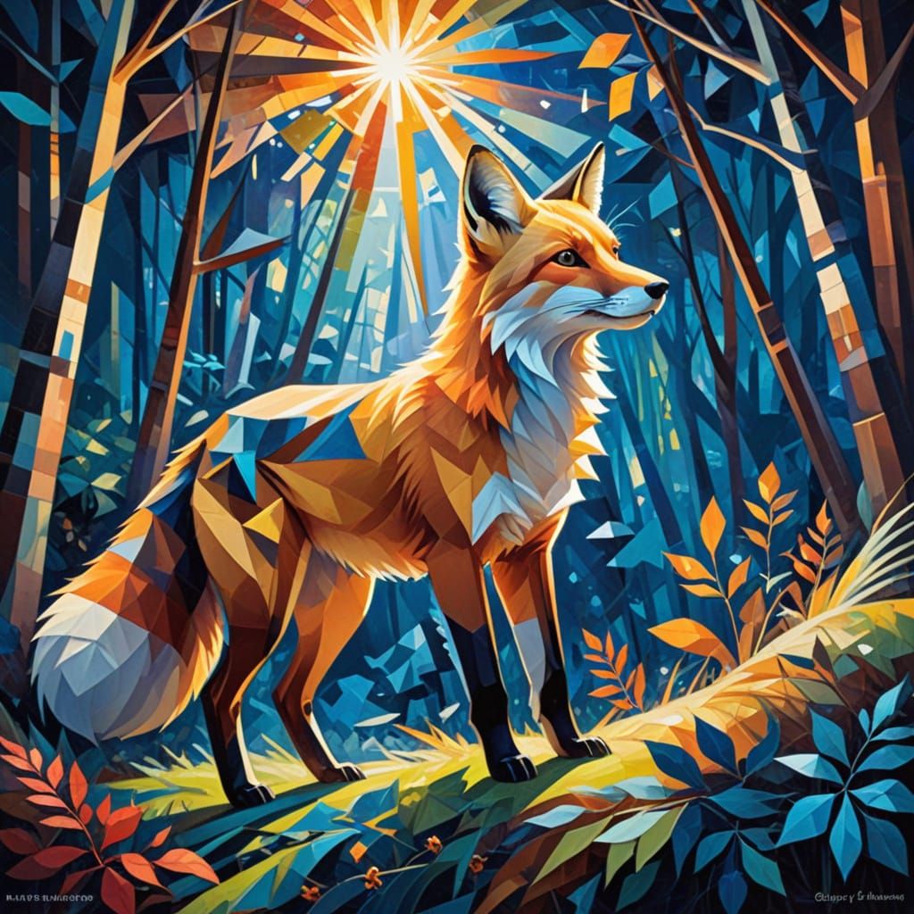 Fox in Forest with Star: Abstract Cubism Style