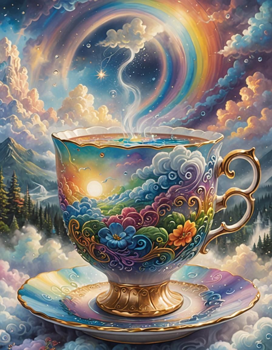 Rainbow Storm in Teacup: Whimsical Fantasy Art