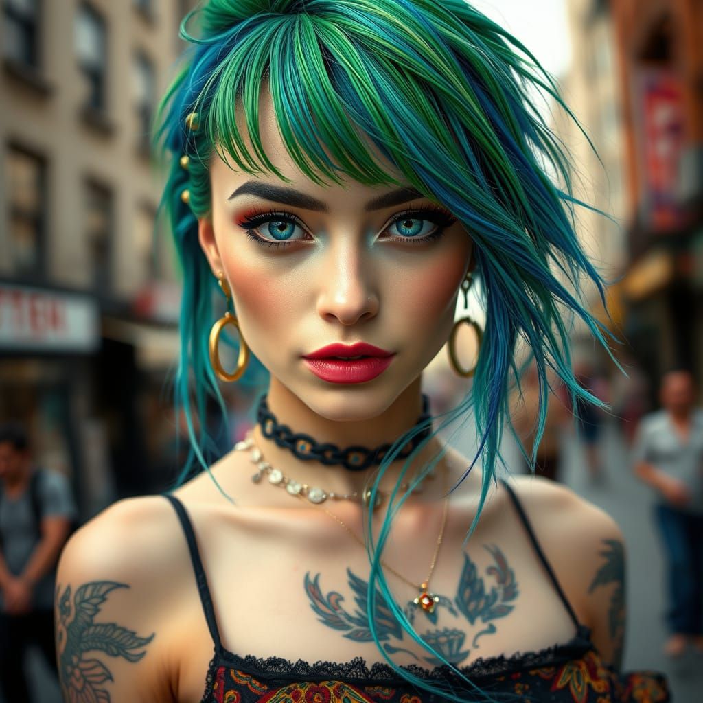 Ethereal Bohemian Goddess with Colorful Hair and Tattoos