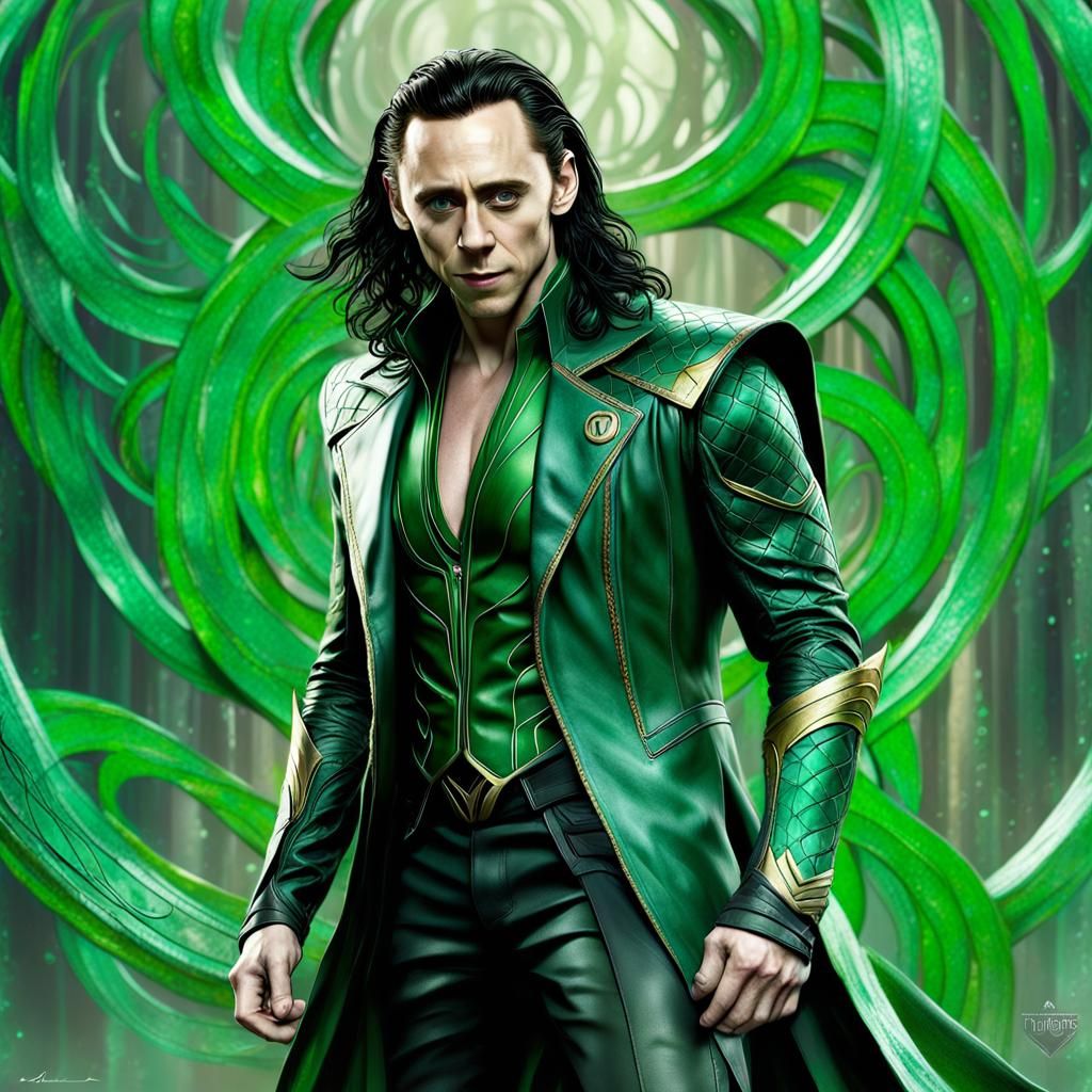 Tom Hiddleston as Loki, bare chested green leather jacket an...