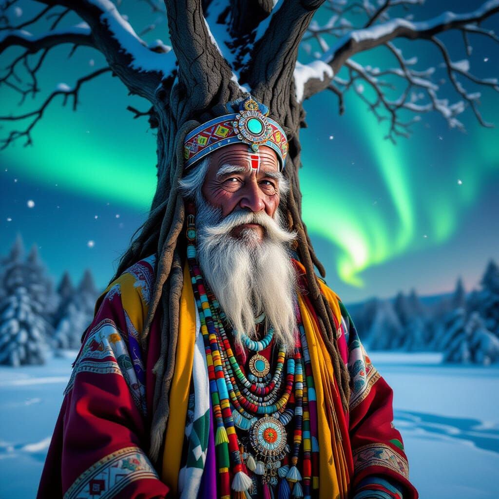 Mystical Tree Guardian Under Aurora Borealis