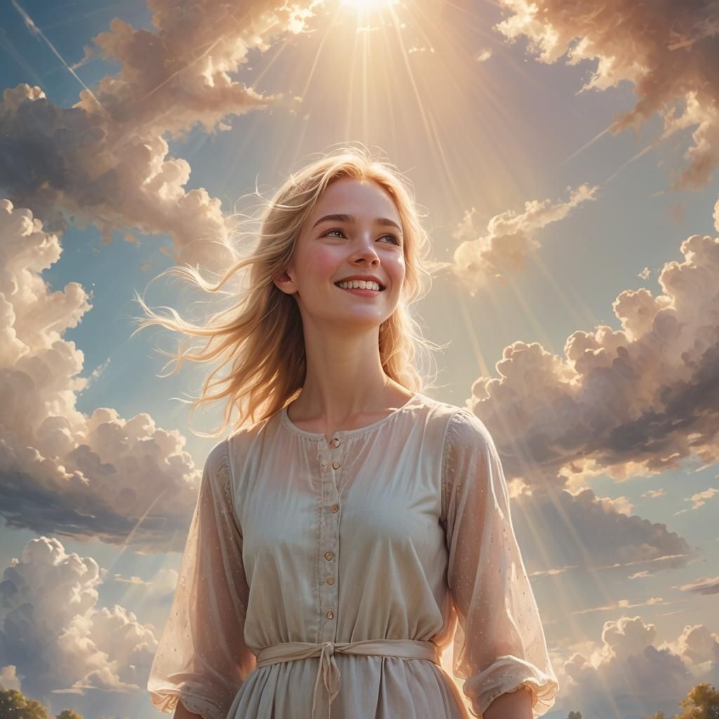 Ethereal Girl in Heavenly Landscape: Soft Focus Digital Art