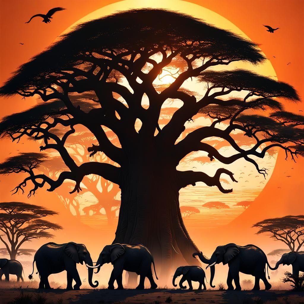 Serengeti Sunset: Elephants and Tree Silhouette