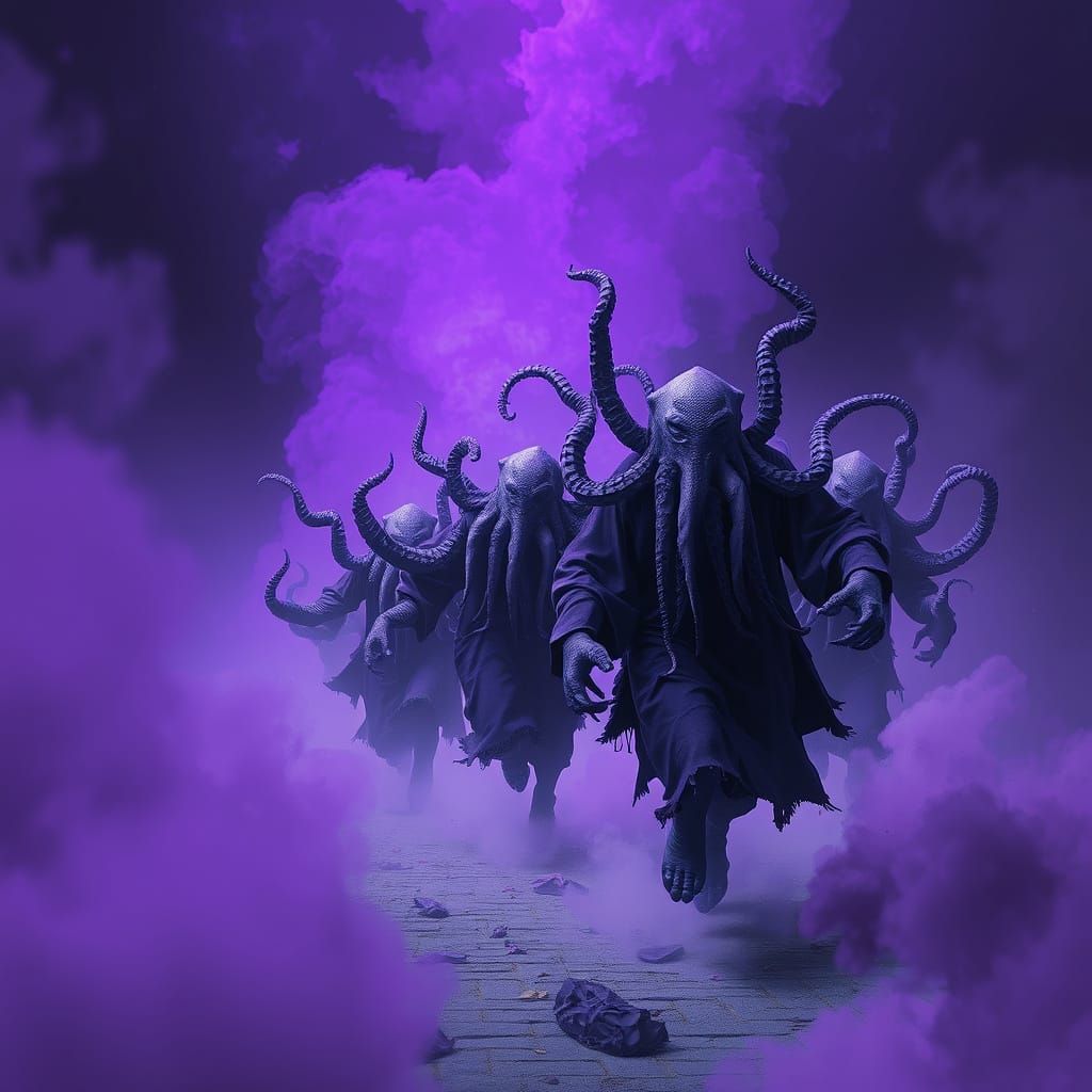 Eerie Purple Monsters Emerge from Mystical Fog