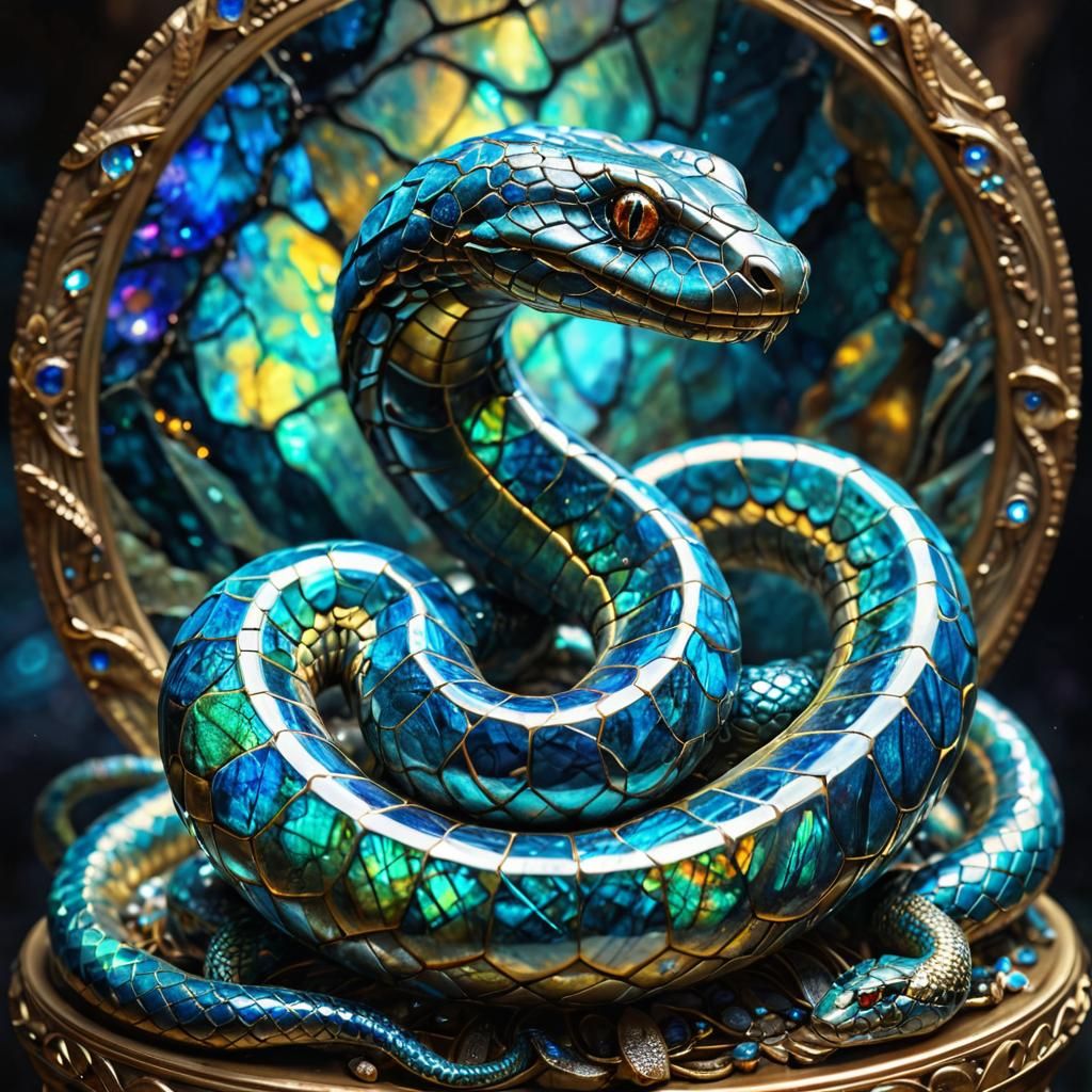 Opal and Labradorite Kintsugi Snake in Art Nouveau Style