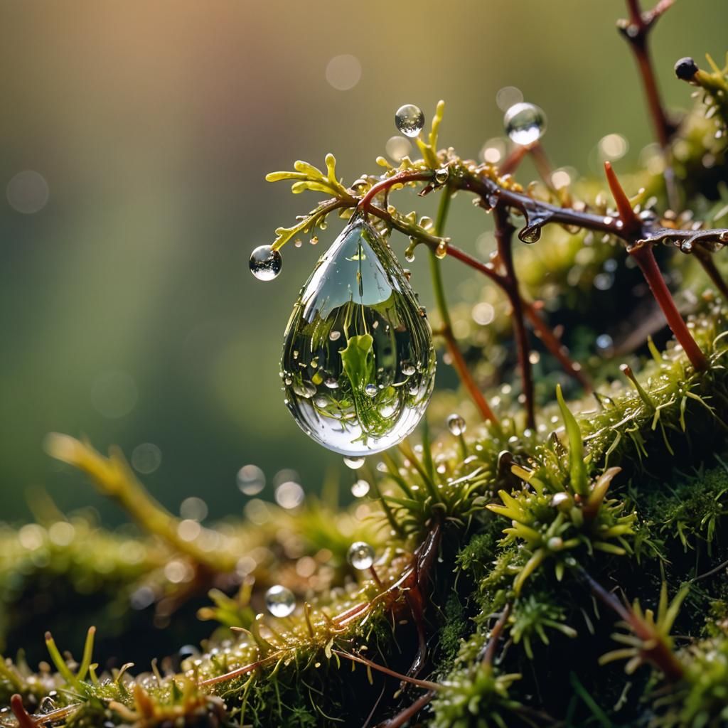 Macro Dewdrop on Moss in Golden Light