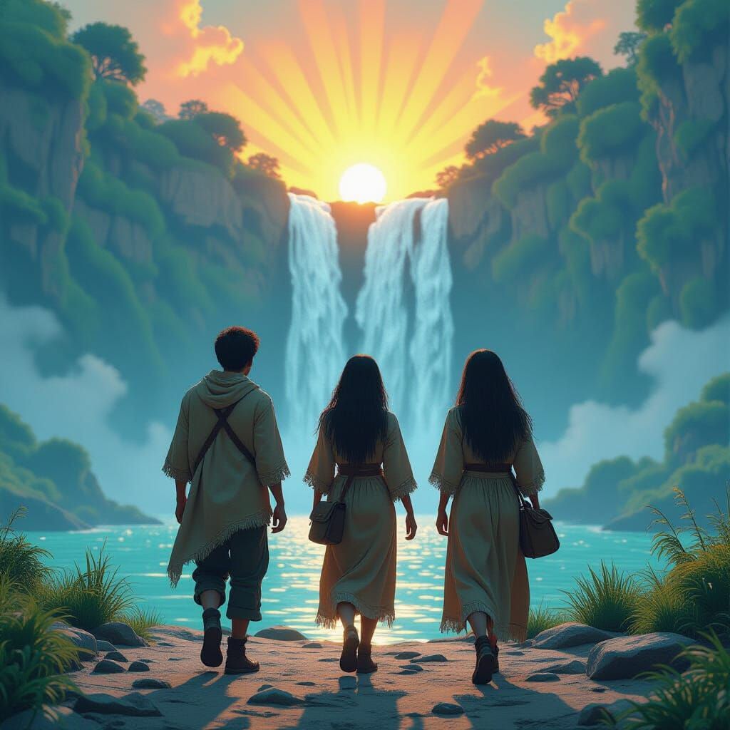 Distant Waterfall Beckons in Stylized 3D Art