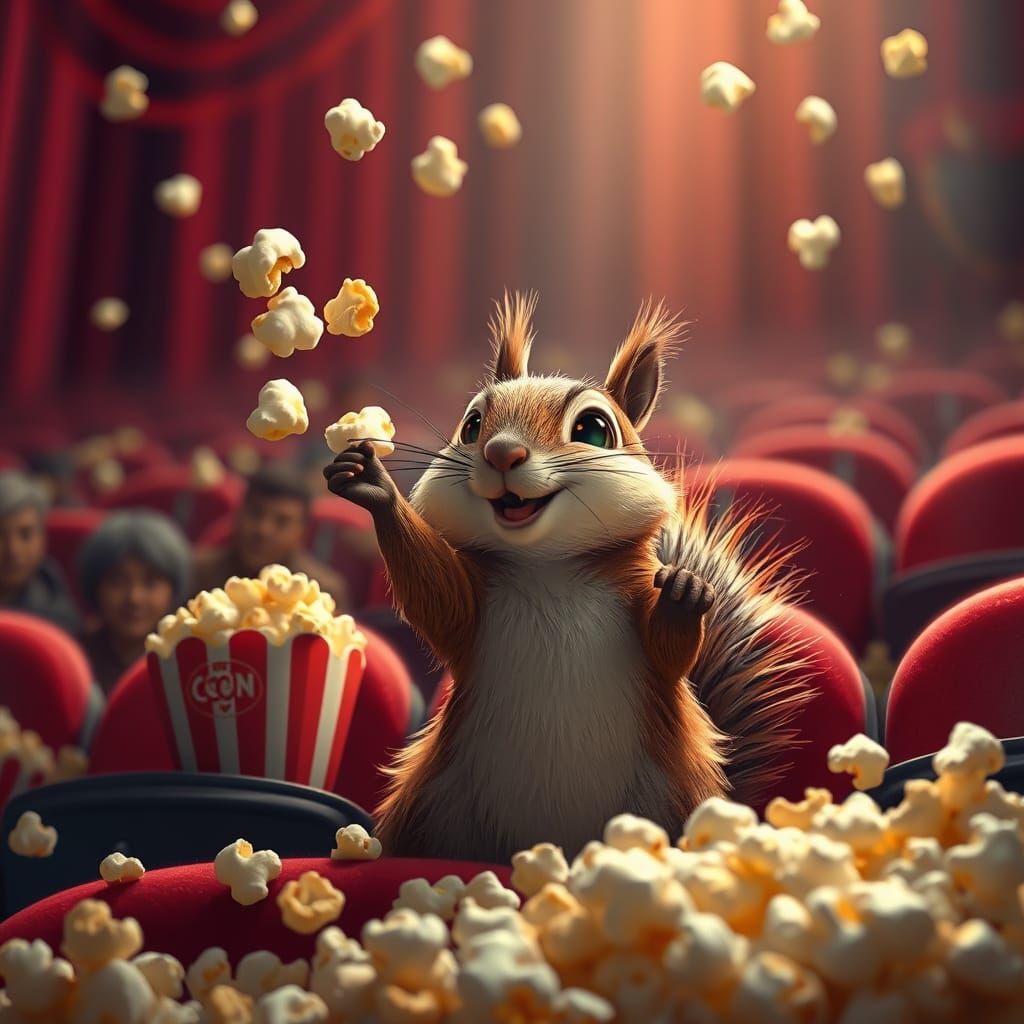 Mischievous Squirrel's Popcorn Prank: Cartoon Painting