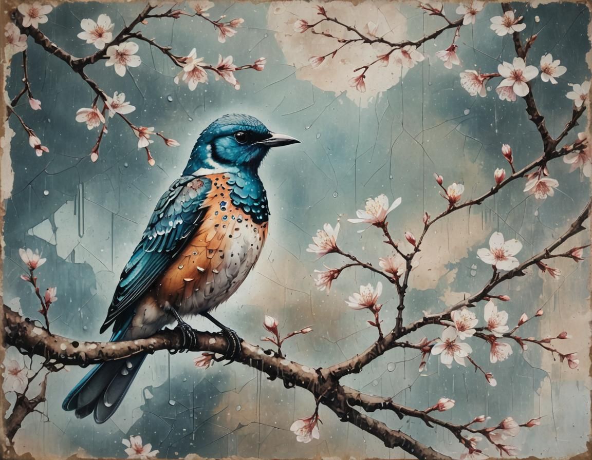 Surreal Bird Painting with Vintage Aesthetic
