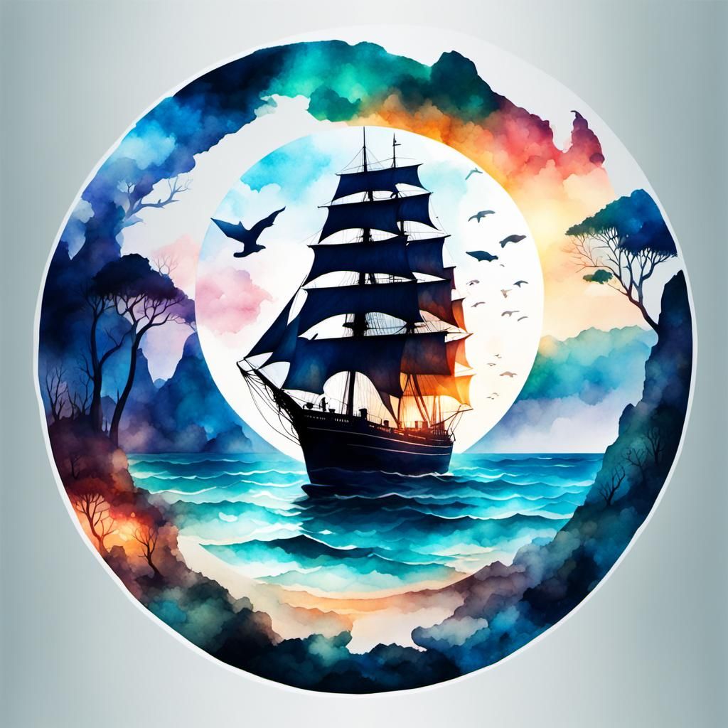 Watercolor Double Exposure: Fish Shaped Beach Scene