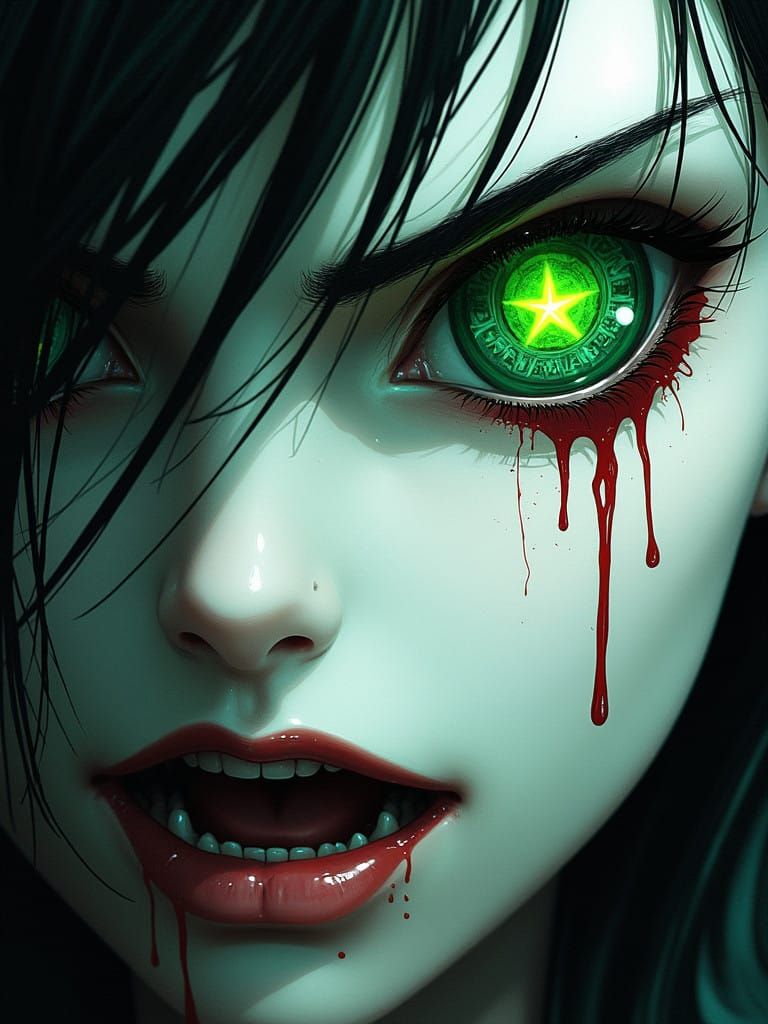 Vampire's Glass Eyes Glow with Ninja Star Intricacy