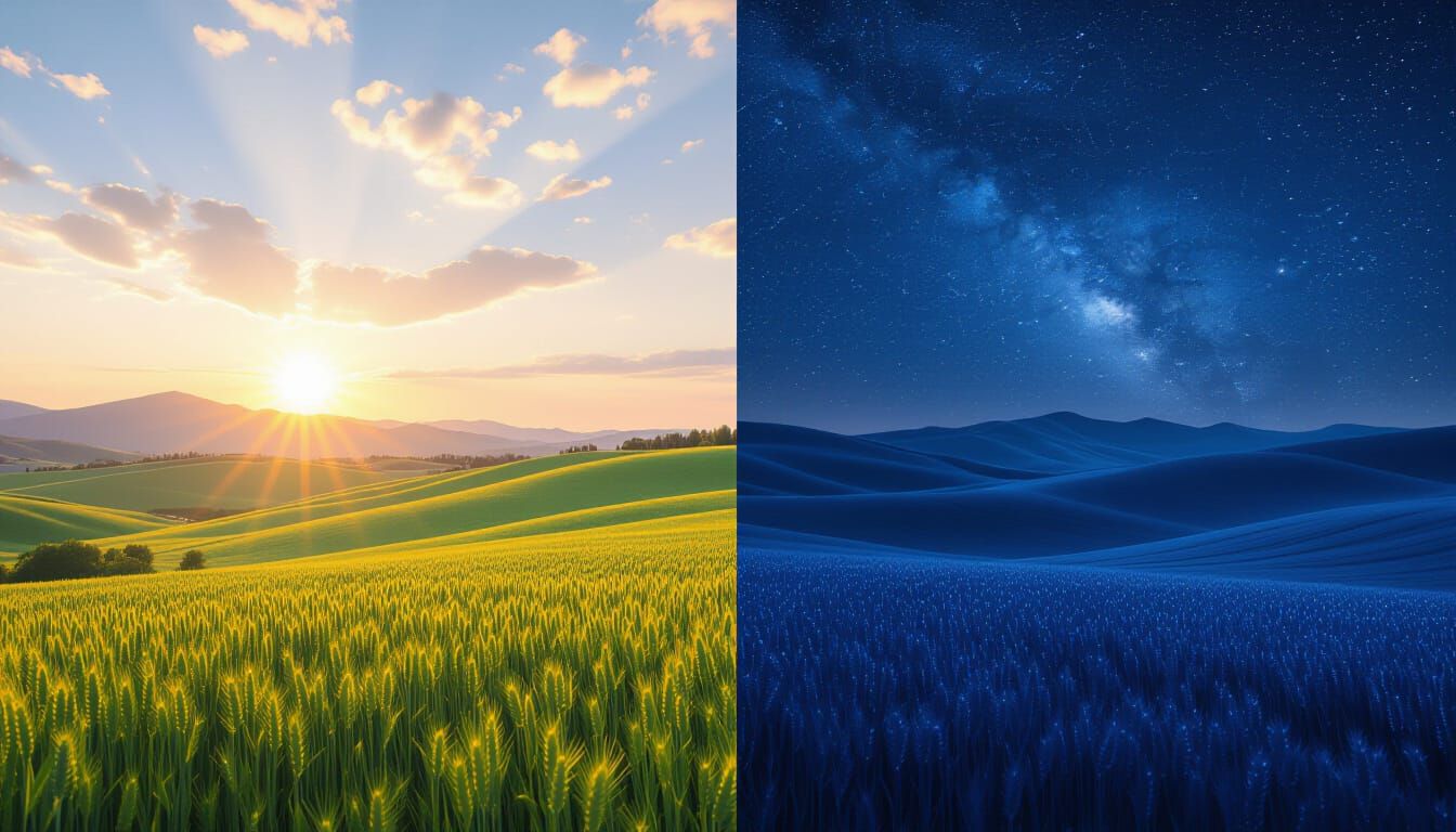 Day and Night Landscape Panorama in Hyperdetailed Style