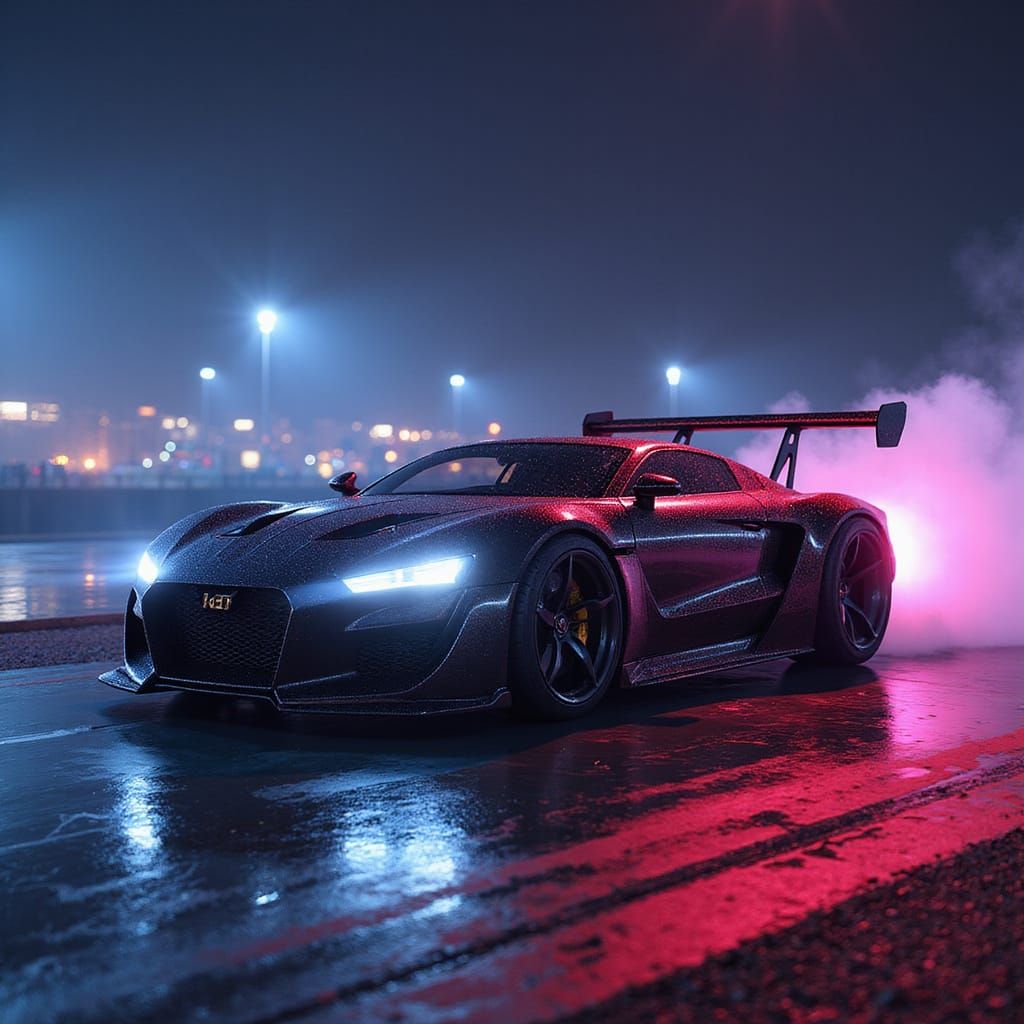 Cyberpunk Car Race at Night in Detailed Matte Painting