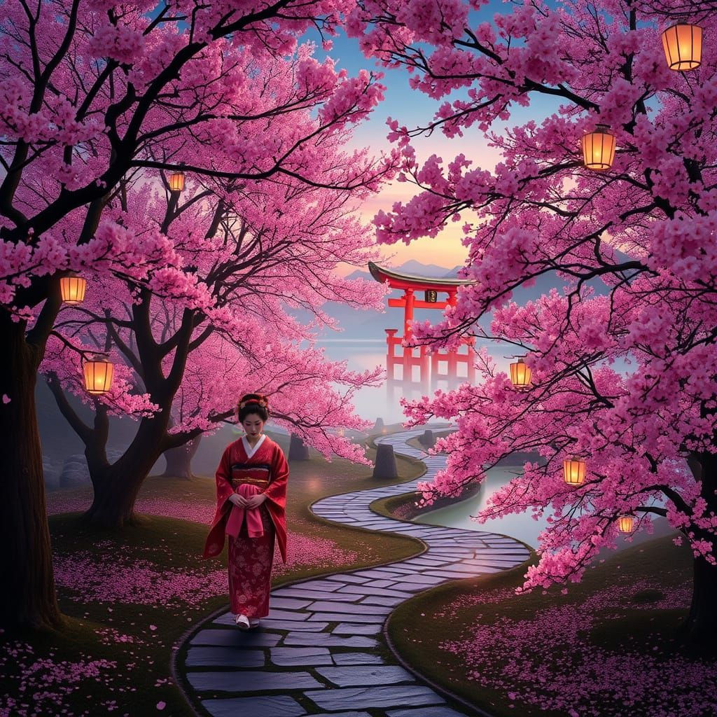 Surreal Cherry Blossom Grove Scene in Soft Light