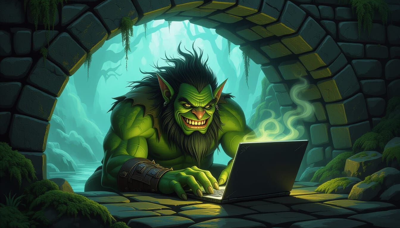 Ugly Troll Typing Under Bridge in Dark Fantasy Style