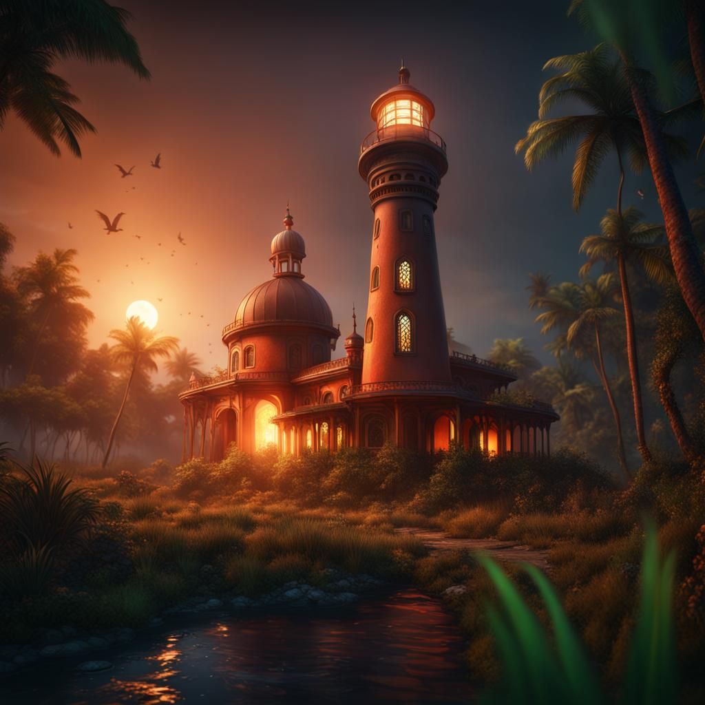 Burning Lighthouse and Mosque in Jungle at Night