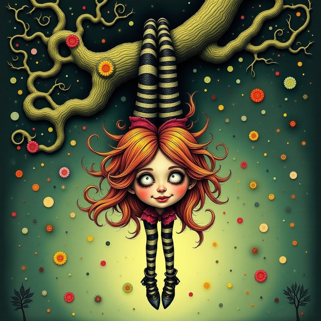 Whimsical Girl in Kaleidoscopic Hair Sways from Twisted Bran...